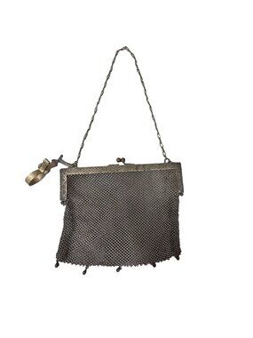 Antique German Silver Chainmail Mesh Purse Kiss Lock Closure & Chain Strap READ
